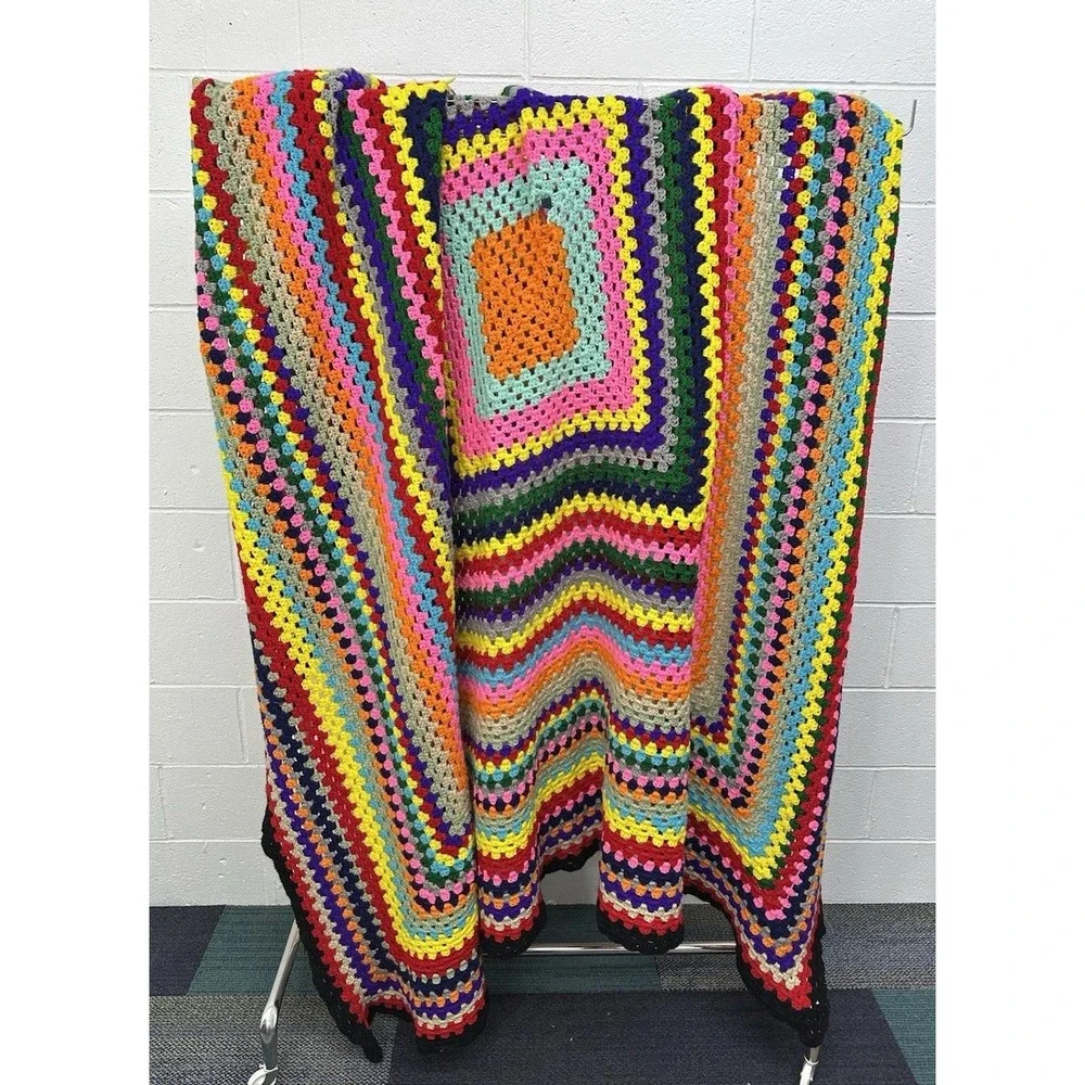 Handmade Crochet Granny Square Afghan Blanket Multicolor‎ Retro Boho Throw 84x84